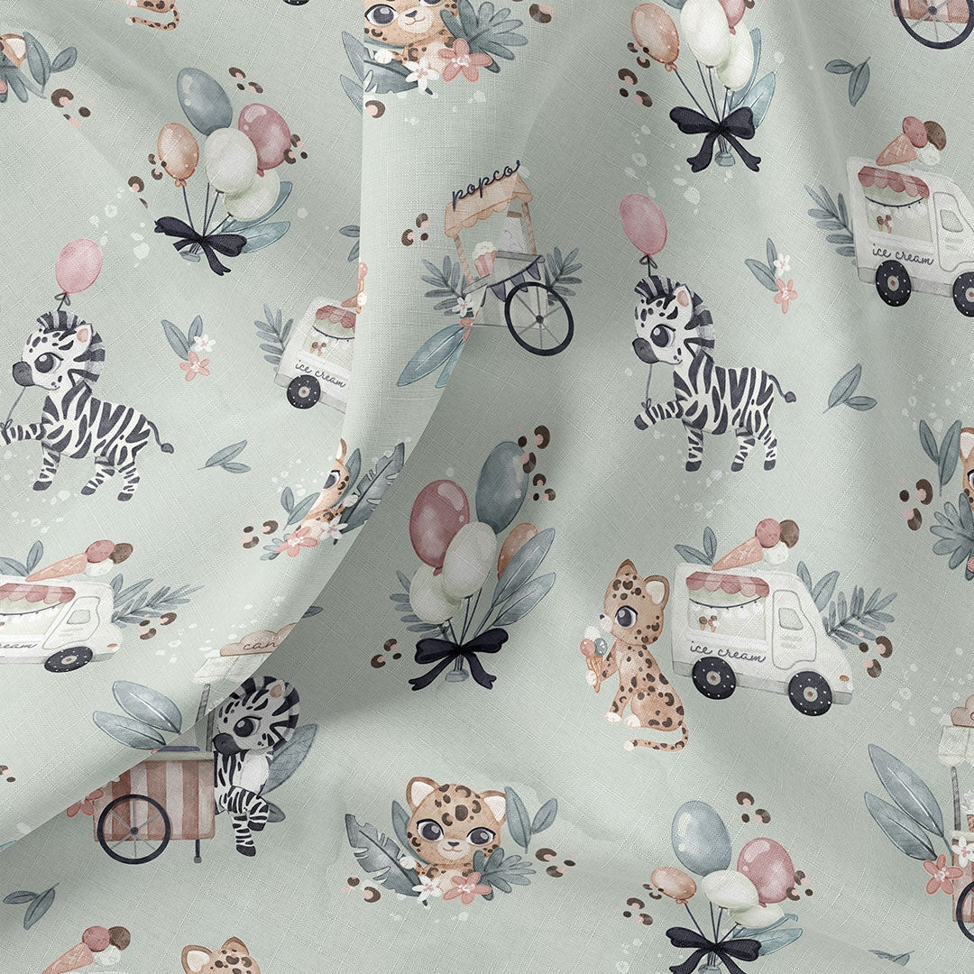 SISTA BITEN 40%! SATINVÄVD BOMULL - ANIMALS PARTY MINT 62CM