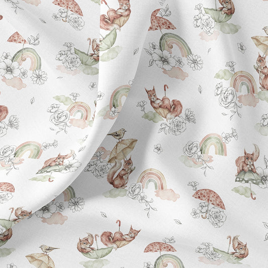 SISTA BITEN 40%! SATINVÄVD BOMULL - RAINBOW SQUIRREL 128CM